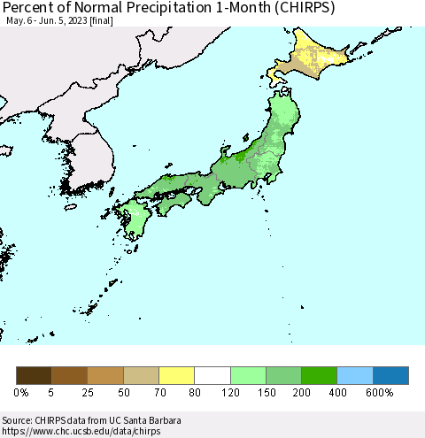 Japan Percent of Normal Precipitation 1-Month (CHIRPS) Thematic Map For 5/6/2023 - 6/5/2023