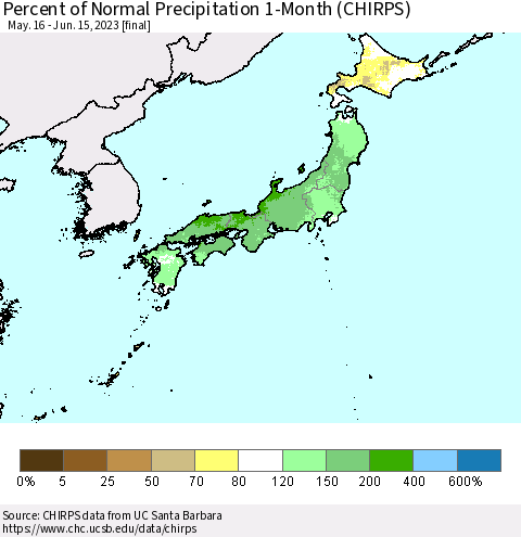 Japan Percent of Normal Precipitation 1-Month (CHIRPS) Thematic Map For 5/16/2023 - 6/15/2023