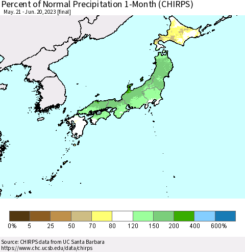Japan Percent of Normal Precipitation 1-Month (CHIRPS) Thematic Map For 5/21/2023 - 6/20/2023