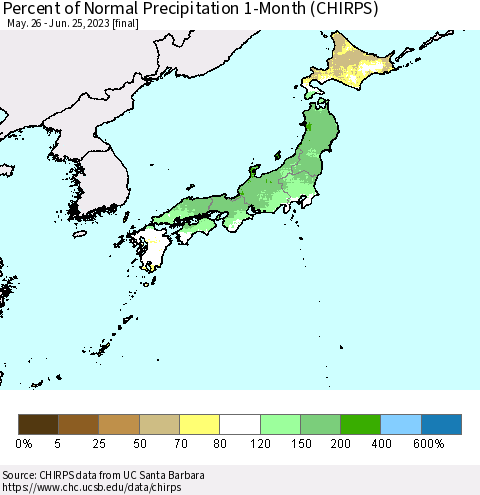 Japan Percent of Normal Precipitation 1-Month (CHIRPS) Thematic Map For 5/26/2023 - 6/25/2023
