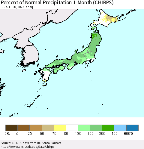 Japan Percent of Normal Precipitation 1-Month (CHIRPS) Thematic Map For 6/1/2023 - 6/30/2023