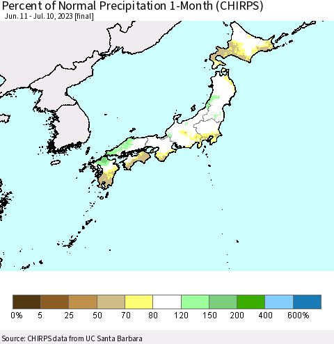 Japan Percent of Normal Precipitation 1-Month (CHIRPS) Thematic Map For 6/11/2023 - 7/10/2023