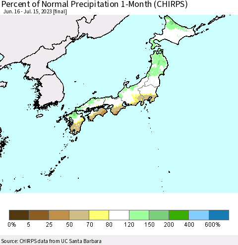 Japan Percent of Normal Precipitation 1-Month (CHIRPS) Thematic Map For 6/16/2023 - 7/15/2023