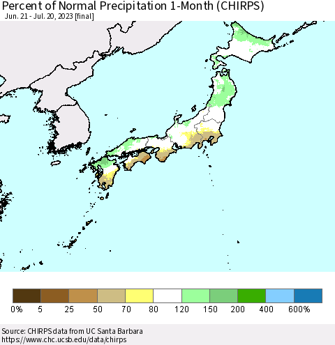 Japan Percent of Normal Precipitation 1-Month (CHIRPS) Thematic Map For 6/21/2023 - 7/20/2023