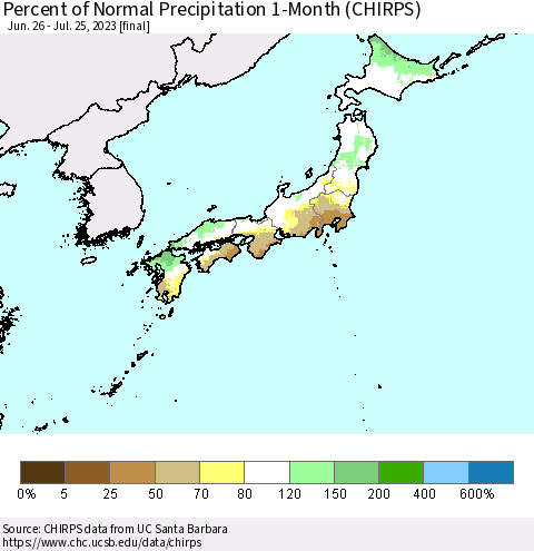 Japan Percent of Normal Precipitation 1-Month (CHIRPS) Thematic Map For 6/26/2023 - 7/25/2023