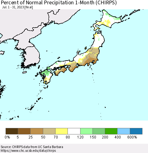 Japan Percent of Normal Precipitation 1-Month (CHIRPS) Thematic Map For 7/1/2023 - 7/31/2023