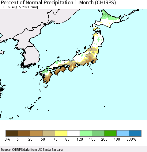 Japan Percent of Normal Precipitation 1-Month (CHIRPS) Thematic Map For 7/6/2023 - 8/5/2023
