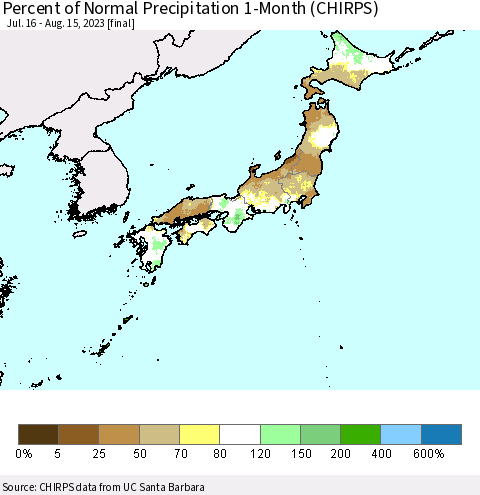 Japan Percent of Normal Precipitation 1-Month (CHIRPS) Thematic Map For 7/16/2023 - 8/15/2023