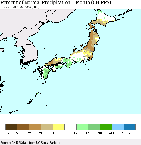 Japan Percent of Normal Precipitation 1-Month (CHIRPS) Thematic Map For 7/21/2023 - 8/20/2023