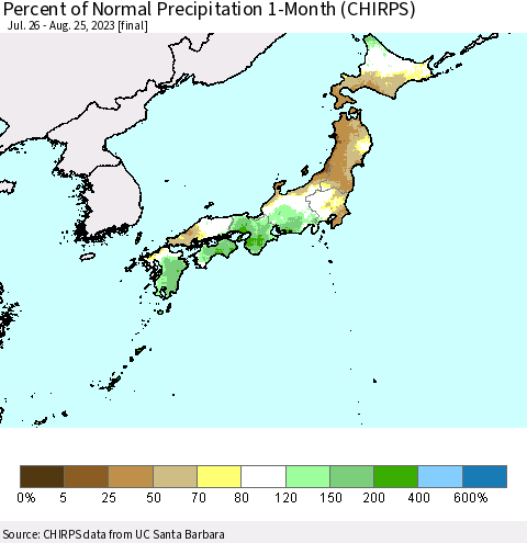 Japan Percent of Normal Precipitation 1-Month (CHIRPS) Thematic Map For 7/26/2023 - 8/25/2023