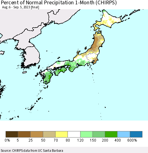 Japan Percent of Normal Precipitation 1-Month (CHIRPS) Thematic Map For 8/6/2023 - 9/5/2023