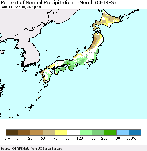 Japan Percent of Normal Precipitation 1-Month (CHIRPS) Thematic Map For 8/11/2023 - 9/10/2023