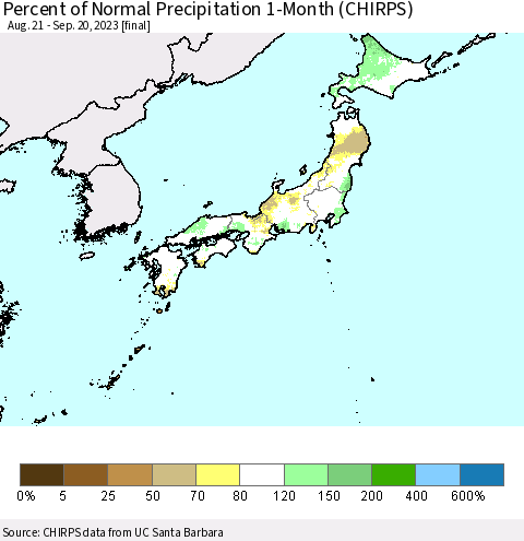 Japan Percent of Normal Precipitation 1-Month (CHIRPS) Thematic Map For 8/21/2023 - 9/20/2023