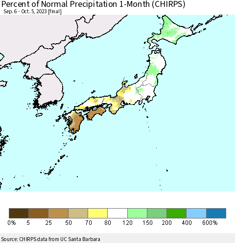 Japan Percent of Normal Precipitation 1-Month (CHIRPS) Thematic Map For 9/6/2023 - 10/5/2023