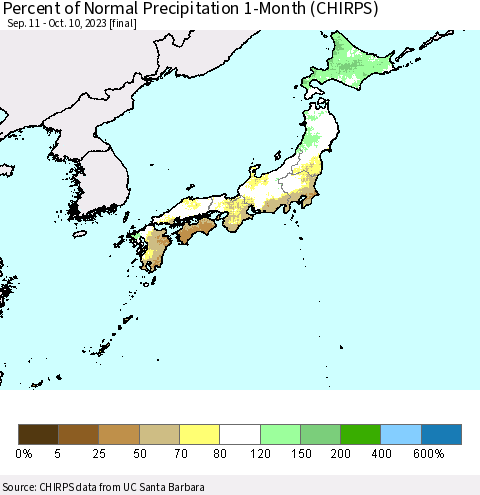 Japan Percent of Normal Precipitation 1-Month (CHIRPS) Thematic Map For 9/11/2023 - 10/10/2023