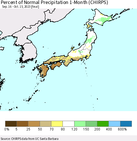 Japan Percent of Normal Precipitation 1-Month (CHIRPS) Thematic Map For 9/16/2023 - 10/15/2023