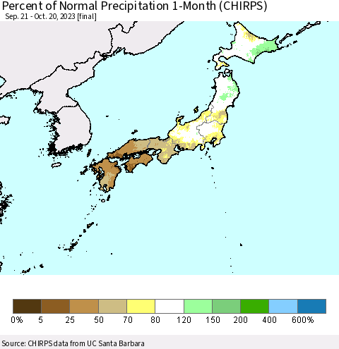 Japan Percent of Normal Precipitation 1-Month (CHIRPS) Thematic Map For 9/21/2023 - 10/20/2023