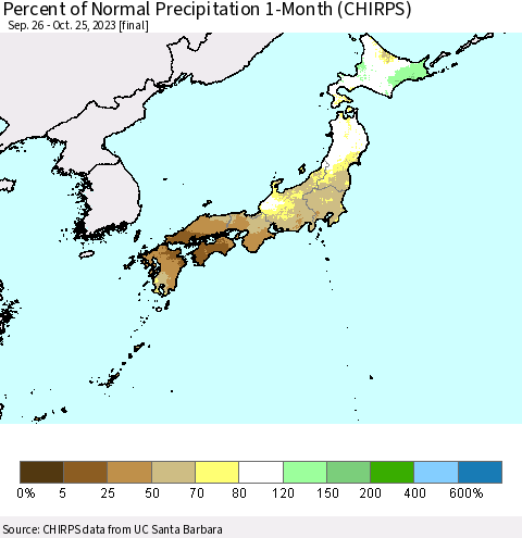 Japan Percent of Normal Precipitation 1-Month (CHIRPS) Thematic Map For 9/26/2023 - 10/25/2023