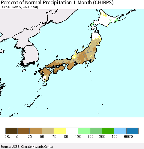 Japan Percent of Normal Precipitation 1-Month (CHIRPS) Thematic Map For 10/6/2023 - 11/5/2023