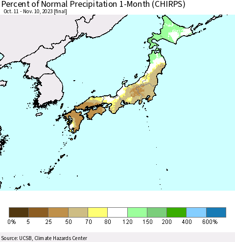 Japan Percent of Normal Precipitation 1-Month (CHIRPS) Thematic Map For 10/11/2023 - 11/10/2023