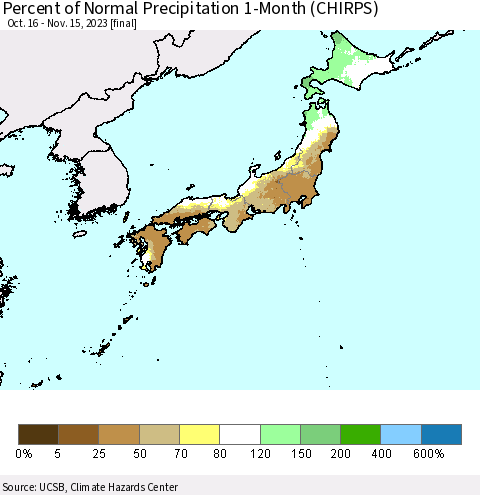 Japan Percent of Normal Precipitation 1-Month (CHIRPS) Thematic Map For 10/16/2023 - 11/15/2023