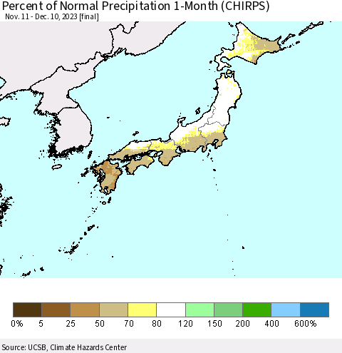 Japan Percent of Normal Precipitation 1-Month (CHIRPS) Thematic Map For 11/11/2023 - 12/10/2023