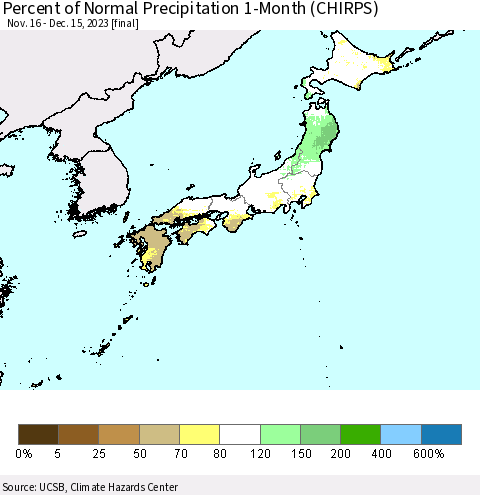 Japan Percent of Normal Precipitation 1-Month (CHIRPS) Thematic Map For 11/16/2023 - 12/15/2023
