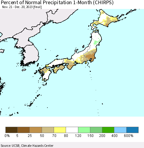 Japan Percent of Normal Precipitation 1-Month (CHIRPS) Thematic Map For 11/21/2023 - 12/20/2023