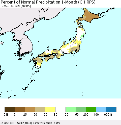 Japan Percent of Normal Precipitation 1-Month (CHIRPS) Thematic Map For 12/1/2023 - 12/31/2023
