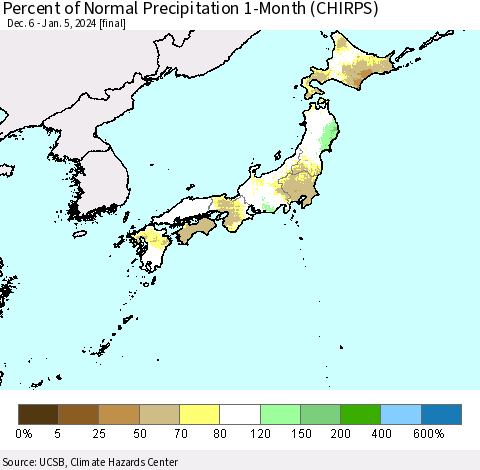 Japan Percent of Normal Precipitation 1-Month (CHIRPS) Thematic Map For 12/6/2023 - 1/5/2024