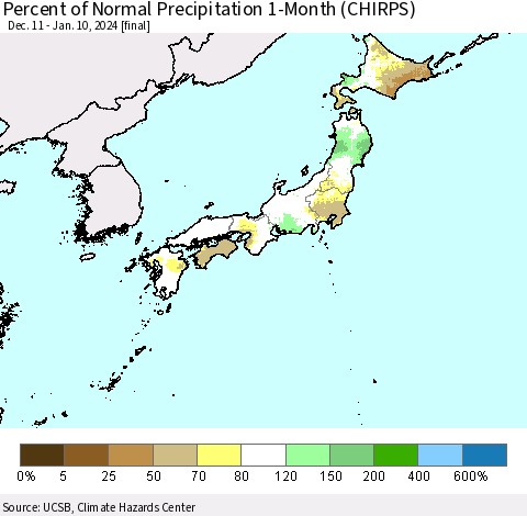 Japan Percent of Normal Precipitation 1-Month (CHIRPS) Thematic Map For 12/11/2023 - 1/10/2024