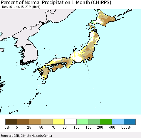 Japan Percent of Normal Precipitation 1-Month (CHIRPS) Thematic Map For 12/16/2023 - 1/15/2024