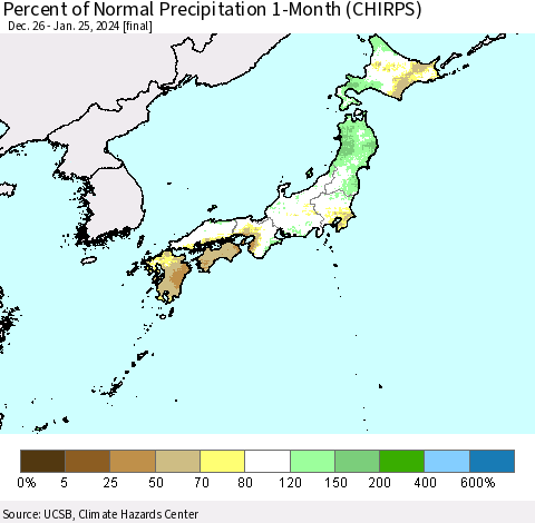 Japan Percent of Normal Precipitation 1-Month (CHIRPS) Thematic Map For 12/26/2023 - 1/25/2024