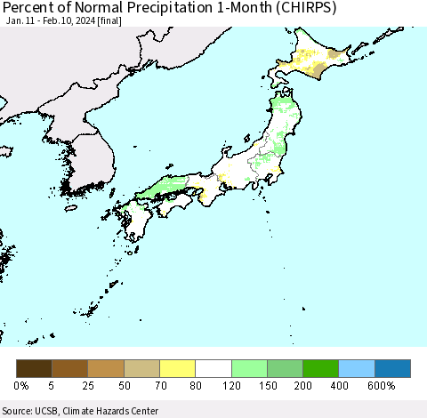 Japan Percent of Normal Precipitation 1-Month (CHIRPS) Thematic Map For 1/11/2024 - 2/10/2024