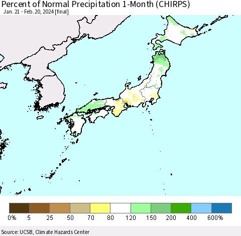 Japan Percent of Normal Precipitation 1-Month (CHIRPS) Thematic Map For 1/21/2024 - 2/20/2024