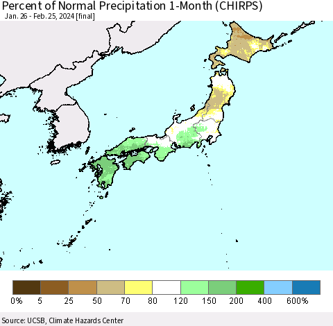 Japan Percent of Normal Precipitation 1-Month (CHIRPS) Thematic Map For 1/26/2024 - 2/25/2024