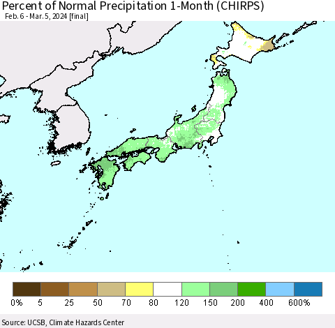 Japan Percent of Normal Precipitation 1-Month (CHIRPS) Thematic Map For 2/6/2024 - 3/5/2024