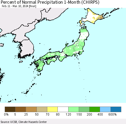 Japan Percent of Normal Precipitation 1-Month (CHIRPS) Thematic Map For 2/11/2024 - 3/10/2024