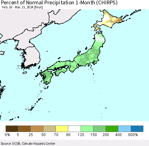 Japan Percent of Normal Precipitation 1-Month (CHIRPS) Thematic Map For 2/16/2024 - 3/15/2024