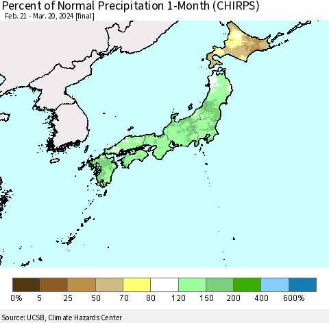 Japan Percent of Normal Precipitation 1-Month (CHIRPS) Thematic Map For 2/21/2024 - 3/20/2024