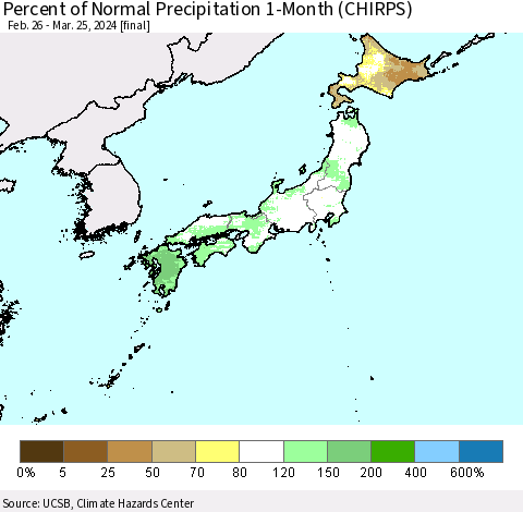 Japan Percent of Normal Precipitation 1-Month (CHIRPS) Thematic Map For 2/26/2024 - 3/25/2024