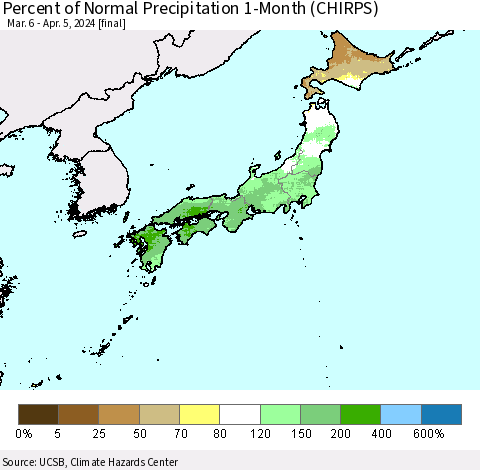 Japan Percent of Normal Precipitation 1-Month (CHIRPS) Thematic Map For 3/6/2024 - 4/5/2024