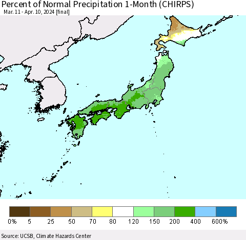 Japan Percent of Normal Precipitation 1-Month (CHIRPS) Thematic Map For 3/11/2024 - 4/10/2024