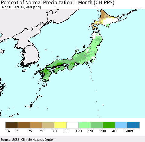 Japan Percent of Normal Precipitation 1-Month (CHIRPS) Thematic Map For 3/16/2024 - 4/15/2024