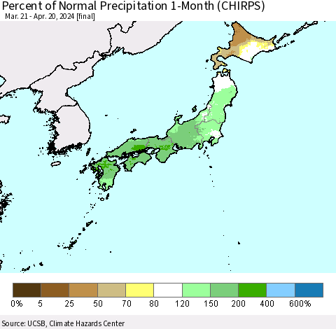 Japan Percent of Normal Precipitation 1-Month (CHIRPS) Thematic Map For 3/21/2024 - 4/20/2024