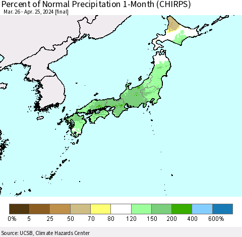 Japan Percent of Normal Precipitation 1-Month (CHIRPS) Thematic Map For 3/26/2024 - 4/25/2024