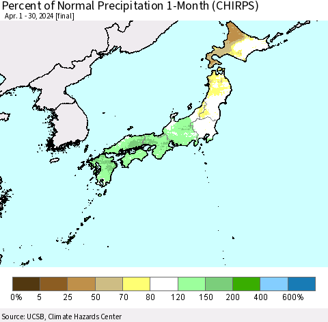 Japan Percent of Normal Precipitation 1-Month (CHIRPS) Thematic Map For 4/1/2024 - 4/30/2024