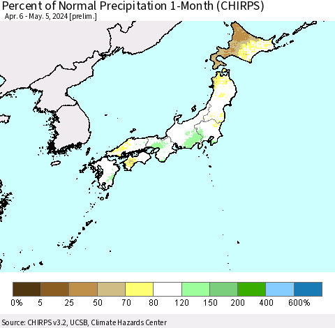 Japan Percent of Normal Precipitation 1-Month (CHIRPS) Thematic Map For 4/6/2024 - 5/5/2024