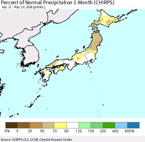Japan Percent of Normal Precipitation 1-Month (CHIRPS) Thematic Map For 4/11/2024 - 5/10/2024