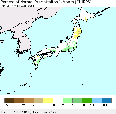 Japan Percent of Normal Precipitation 1-Month (CHIRPS) Thematic Map For 4/16/2024 - 5/15/2024